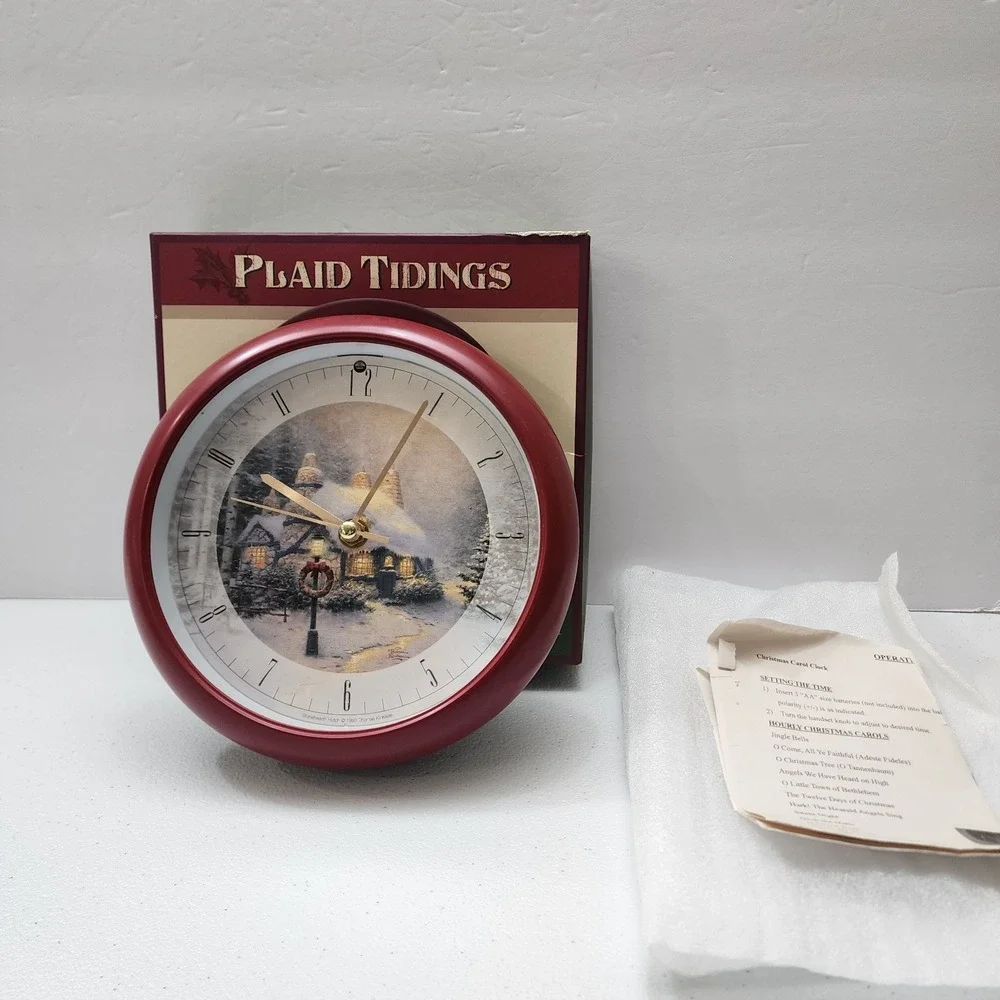 VTG 1993 Cracker Barrel Thomas Kinkade Plaid Tidings Christmas Carol Sound Clock